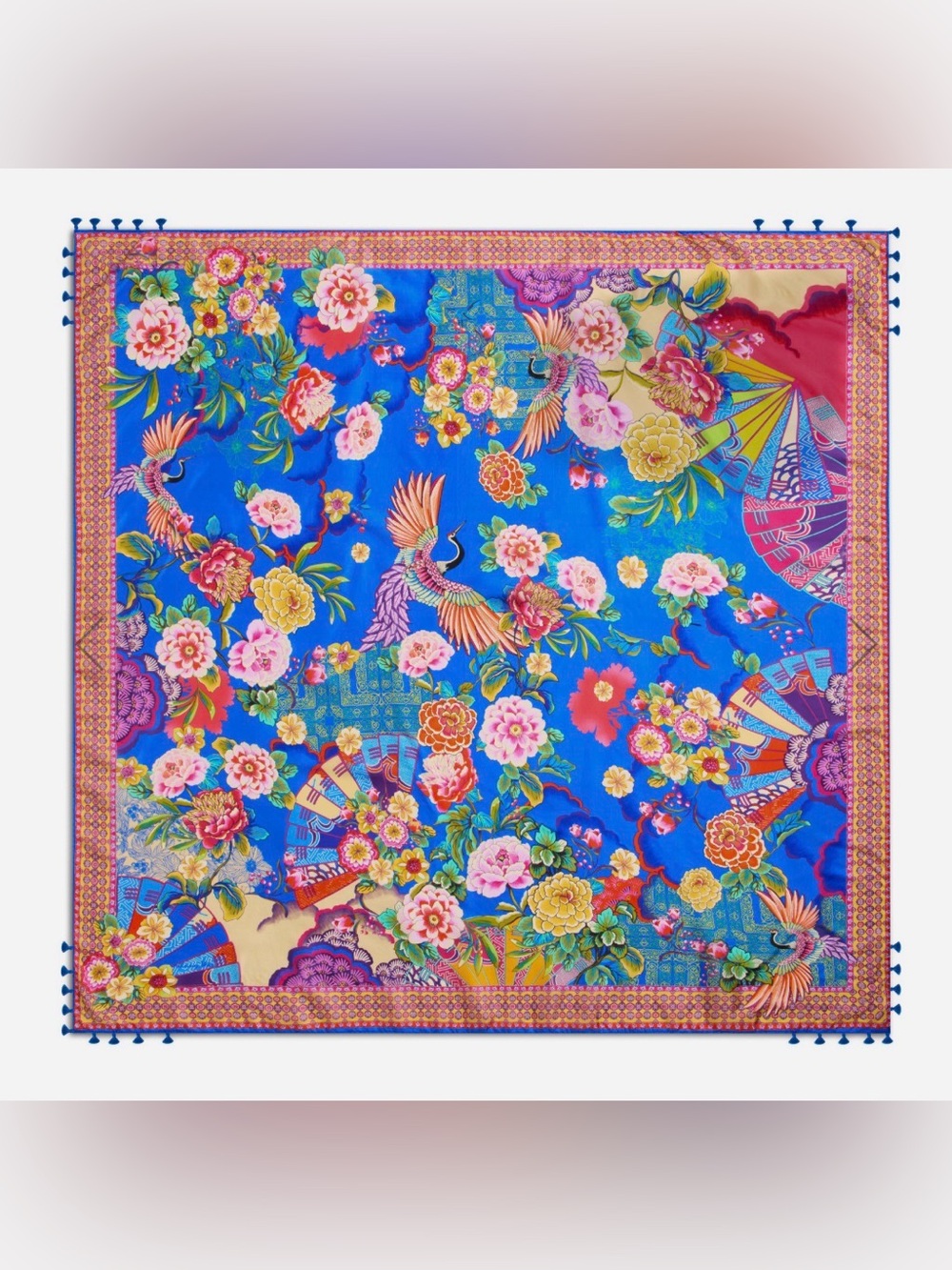Huge High End Johnny Was Victoriani Silk Scarf Vibrant Blue Floral Pattern 44x44